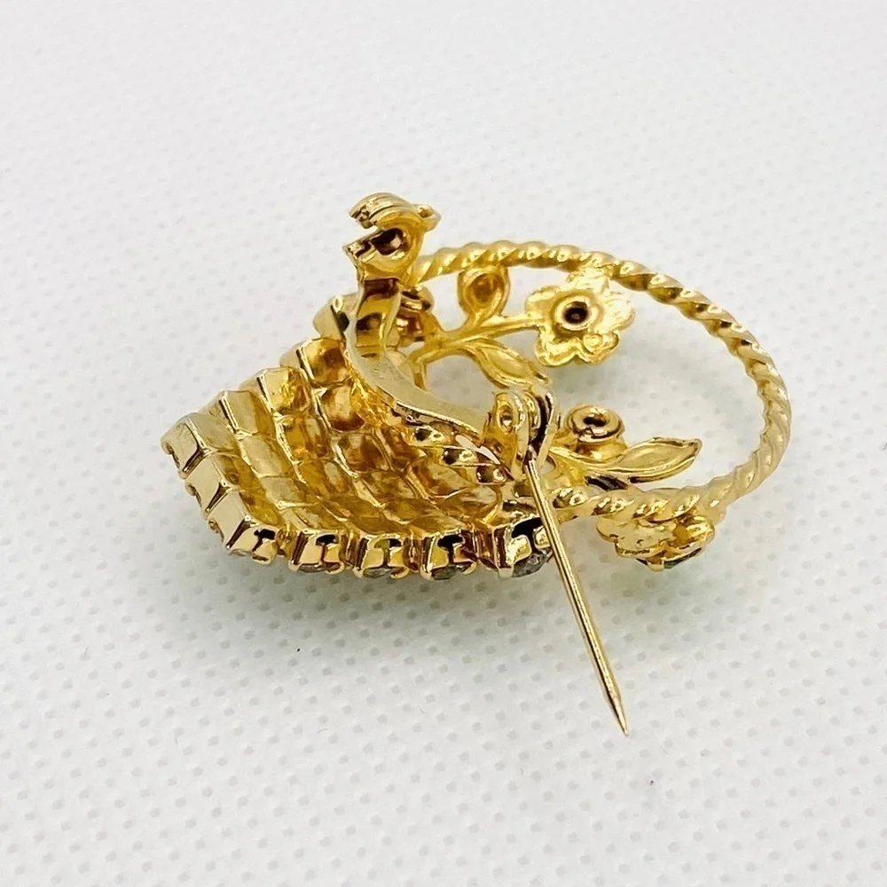 Brooch Rhinestones Basket of Flowers VTG Gold Tone